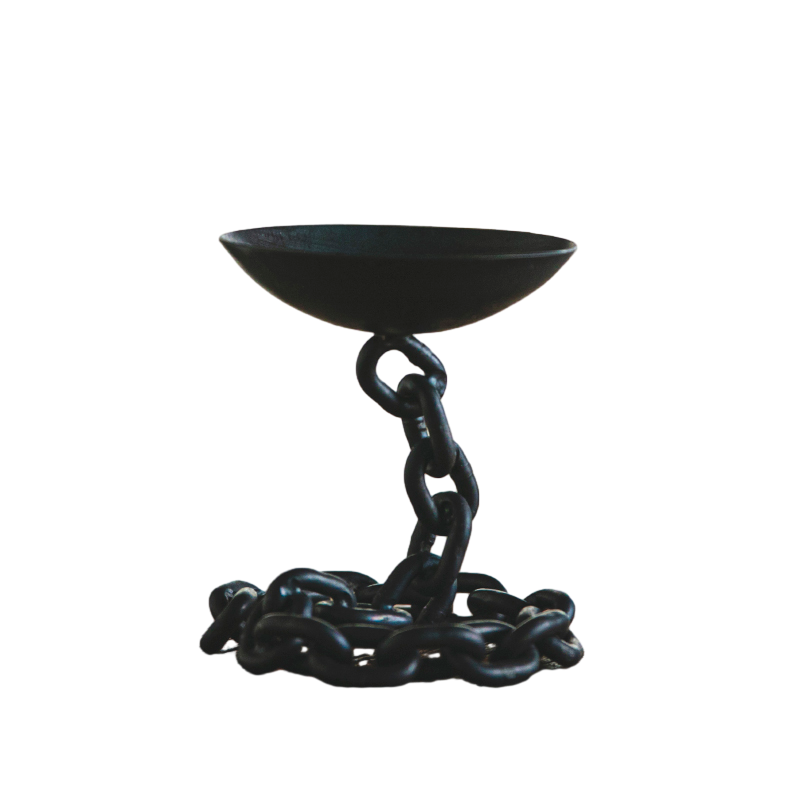 Black chain candle holder with a rustic, industrial design.